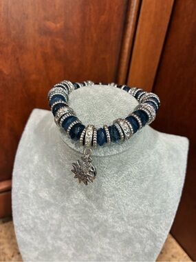 Navy Blue & Silver DREAM Moon Charm Beaded Stretch Statement Bracelet